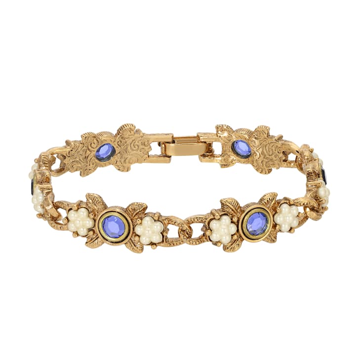 Gold Tone Round Crystal Faux Pearl Rose Bracelet