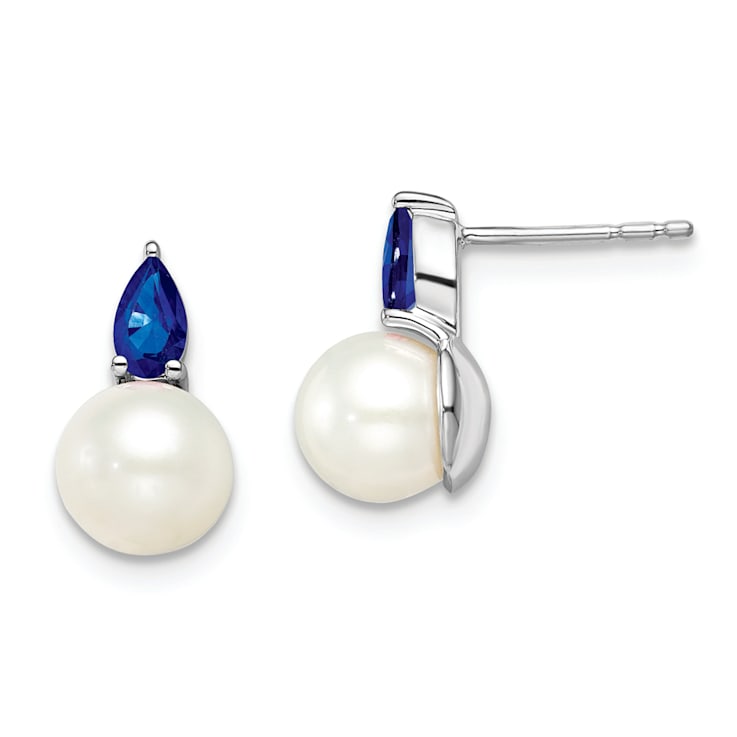 Rhodium Over 14K White Gold Freshwater Cultured Pearl and Sapphire Post Earrings