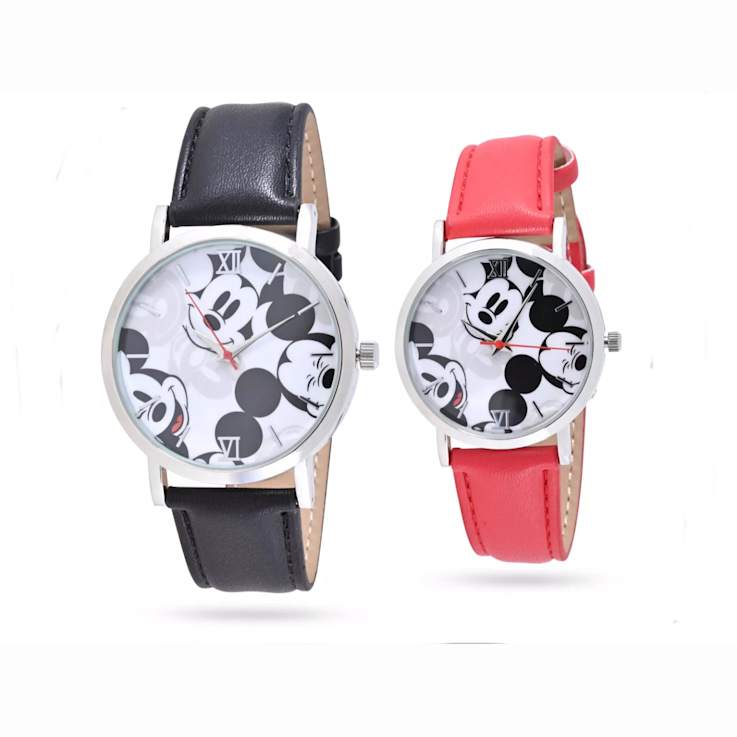 Disney Mickey Black and White Smiling Face His and Hers Vegan Leather
Band Watches Set of 2