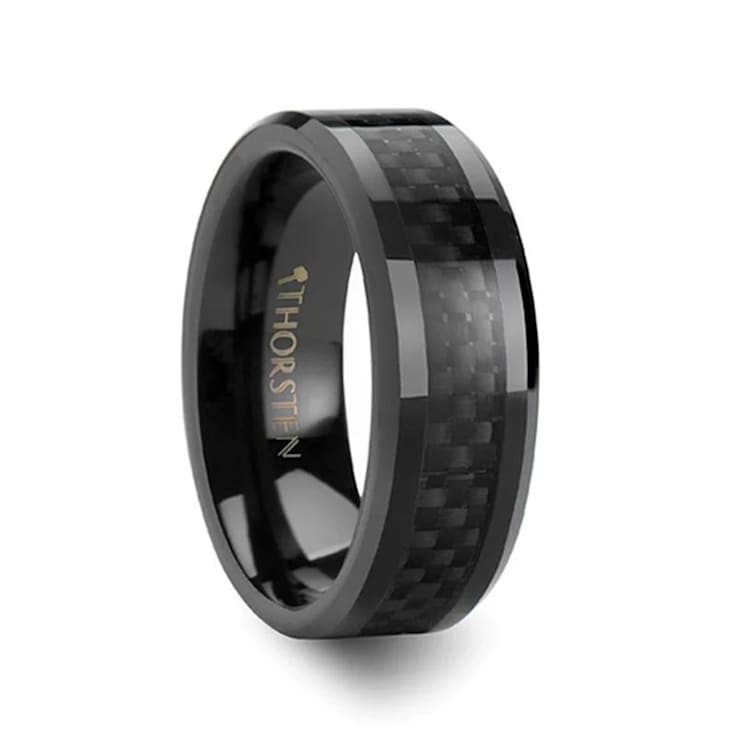 ONYX Black Carbon Fiber Inlaid Black Ceramic Wedding Band 8mm
