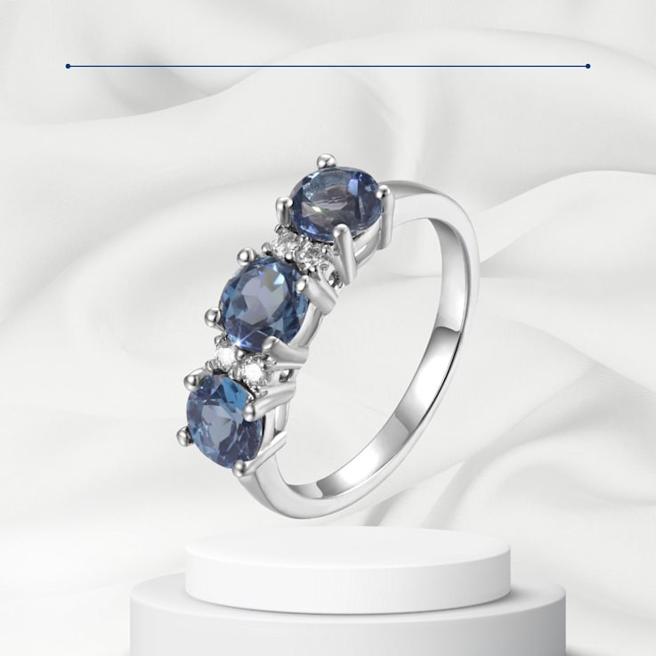 London Blue Topaz and Moissanite Sterling Silver 3-Stone Ring