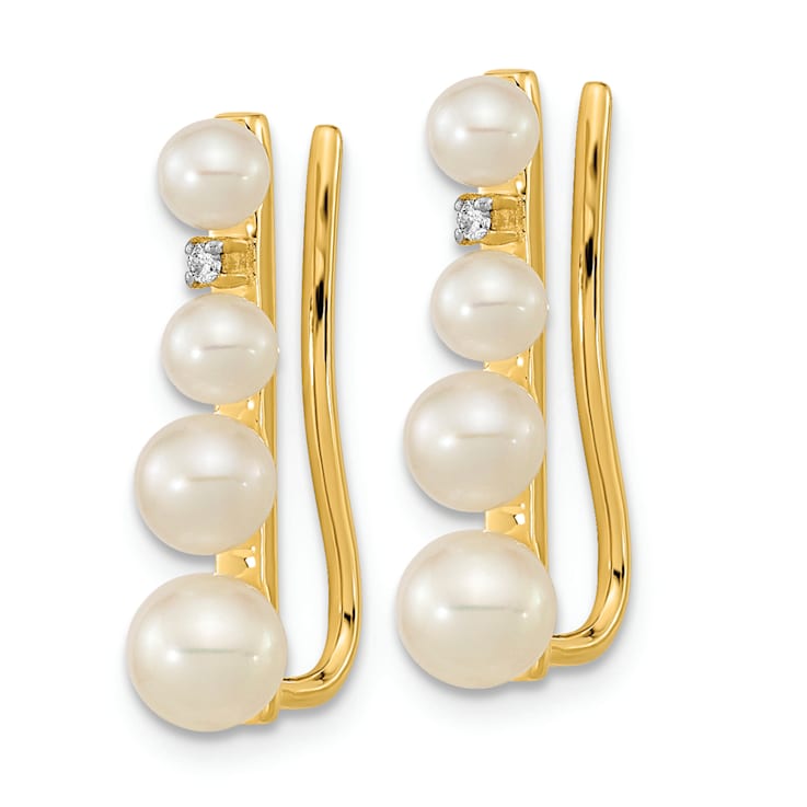 14K Yellow Gold 3-5mm Freshwater Cultured Pearl .016ct Diamond Ear
Climber Earrings