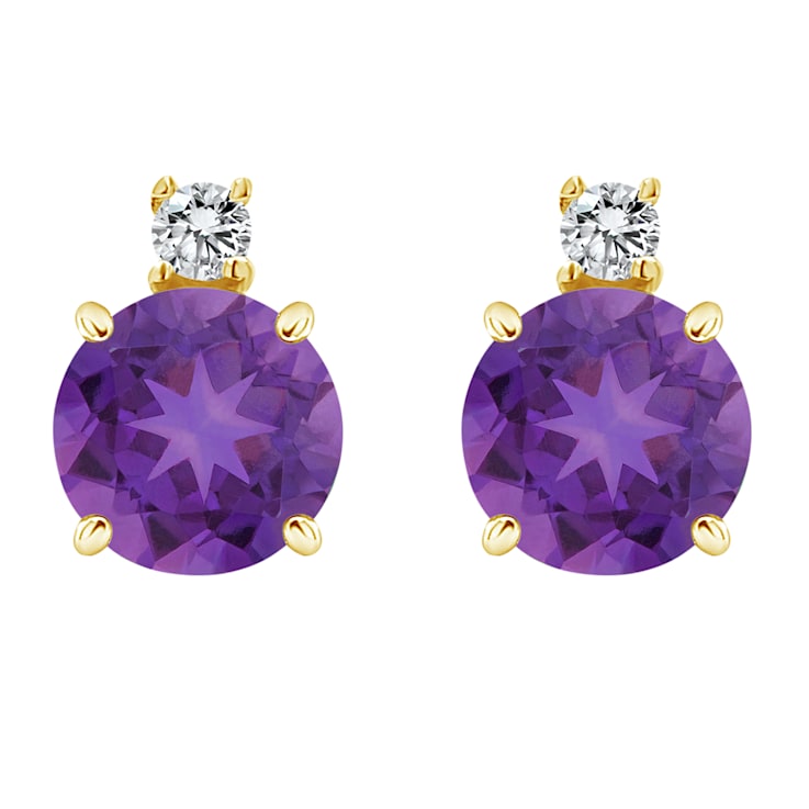 5mm Round Amethyst with Diamond Accents 14k Yellow Gold Stud Earrings