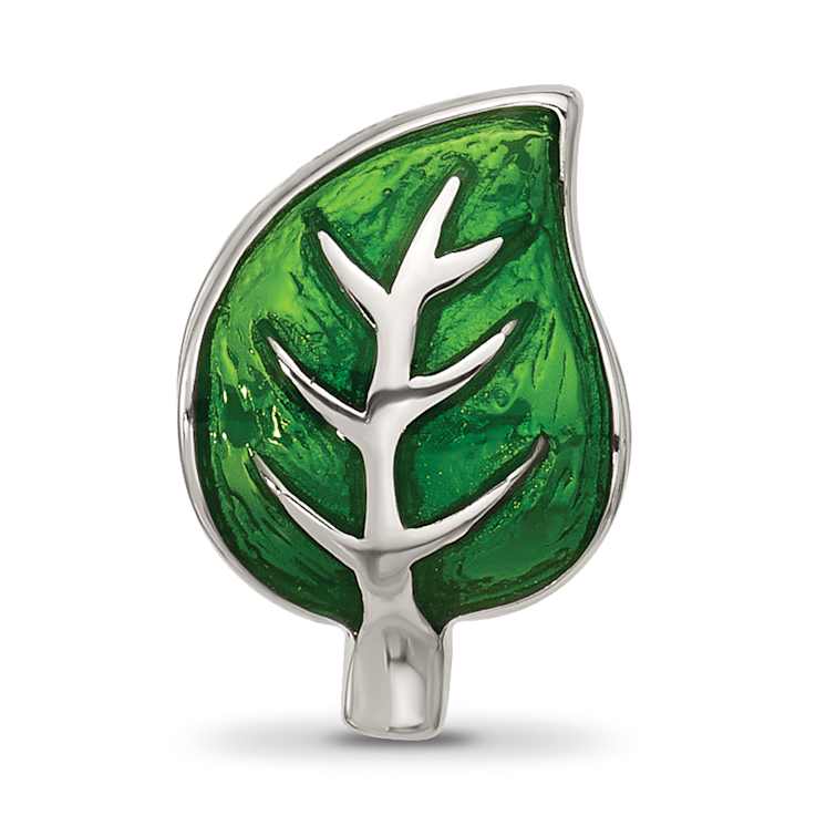 Sterling Silver Enamel Green Leaf Bead