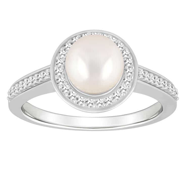 7mm Round Cultured Freshwater Pearl 1/5 ctw Diamond Rhodium Over
Sterling Silver Halo Ring