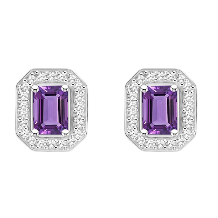 6x4mm Emerald Cut Amethyst 1/5 ctw Diamond Rhodium Over Sterling Silver
Halo Stud Earrings