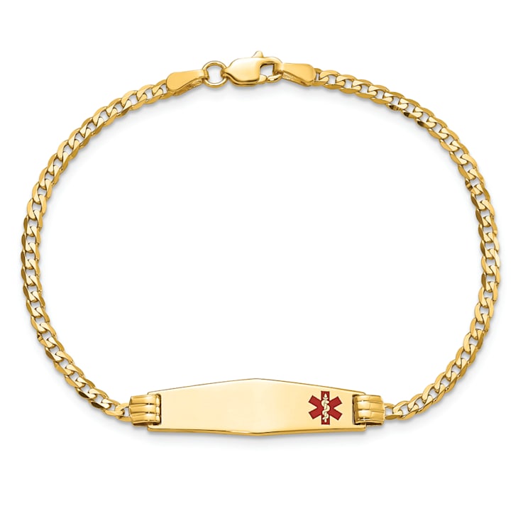14k Yellow Gold Medical Soft Diamond Shape Red Enamel Curb Link ID Bracelet