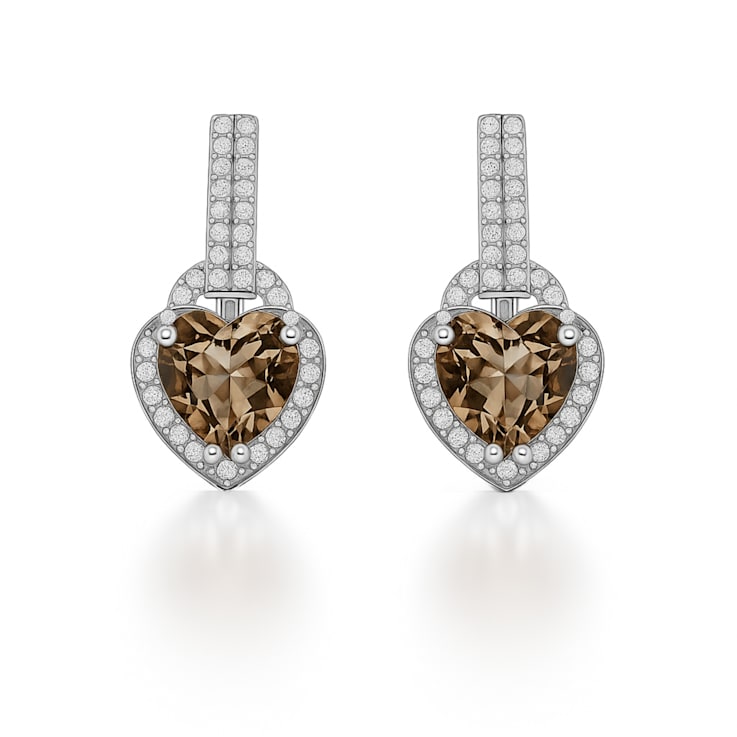 Brown Quartz Over Sterling Silver Rhodium Heart Drop Earrings