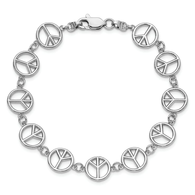 Rhodium Over 14k White Gold Polished Peace Sign Bracelet