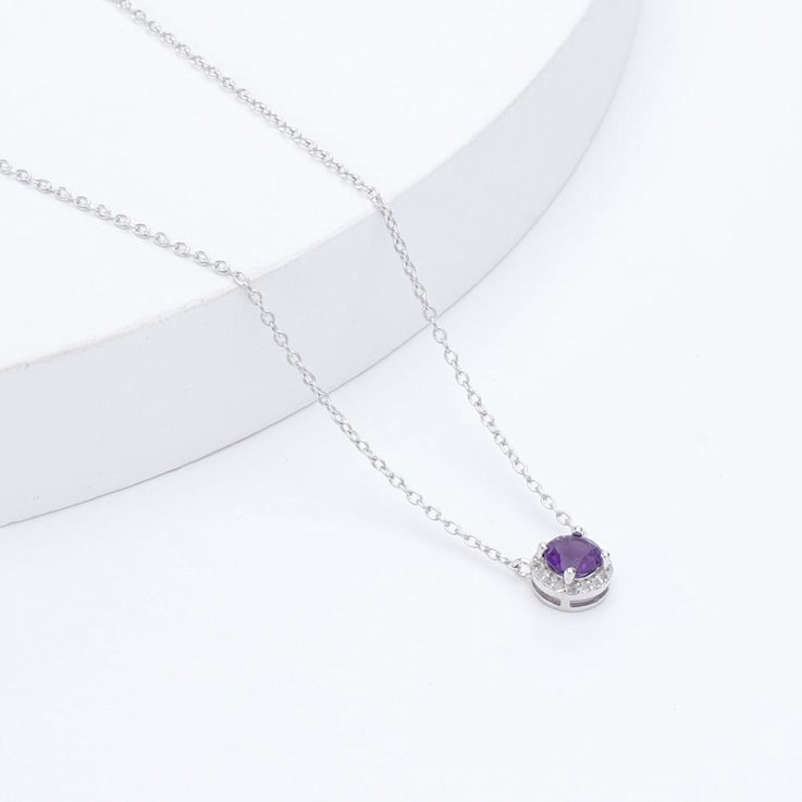 Dark Purple Amethyst with White Topaz Halo Rhodium Over Sterling Silver Necklace