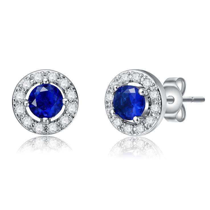 Sapphire Color CZ Halo Stud Earrings In White Rhodium Over Brass