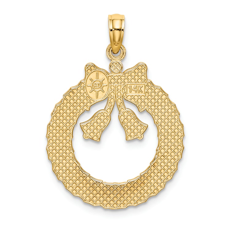 14k Yellow Gold Satin and Polished Christmas Wreath Pendant