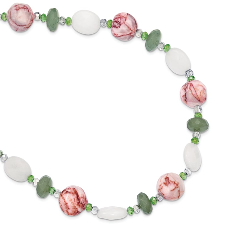 Sterling Silver Aventurine, Crystal, Jadeite and Jasper 18-inch with
2-inch Extension Necklace