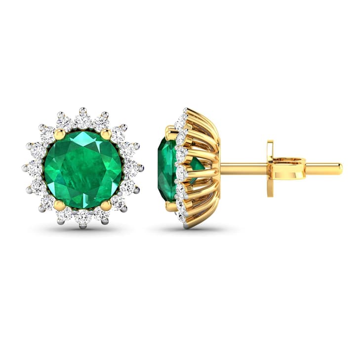 1.36ctw 14K Yellow Gold  Zambian Green Emerald and White Diamond Halo Earrings