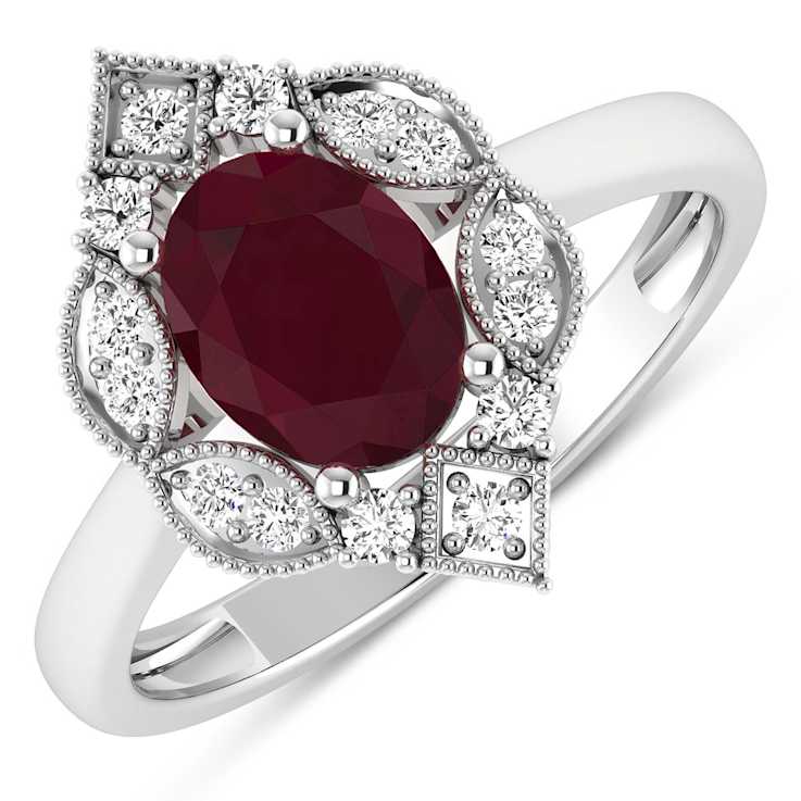 1.7ctw Red Ruby and Diamond 14K White Gold Halo Ring