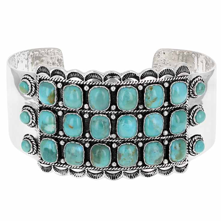 Turquoise Oversized Oxidized Cuff Bracelet In Sterling Silver 8x6mm And 4mm