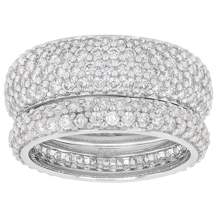 CZ Stackable Band Ring Set in Rhodium Over Brass