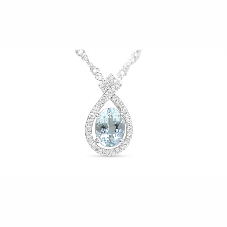 Oval Aquamarine and Cubic Zirconia Rhodium Over Sterling Silver Pendant
with chain, 1.13ctw