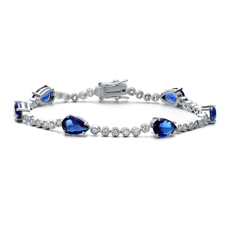 Sapphire Color CZ Pear Shape Tennis Bracelet In White Rhodium Over Brass