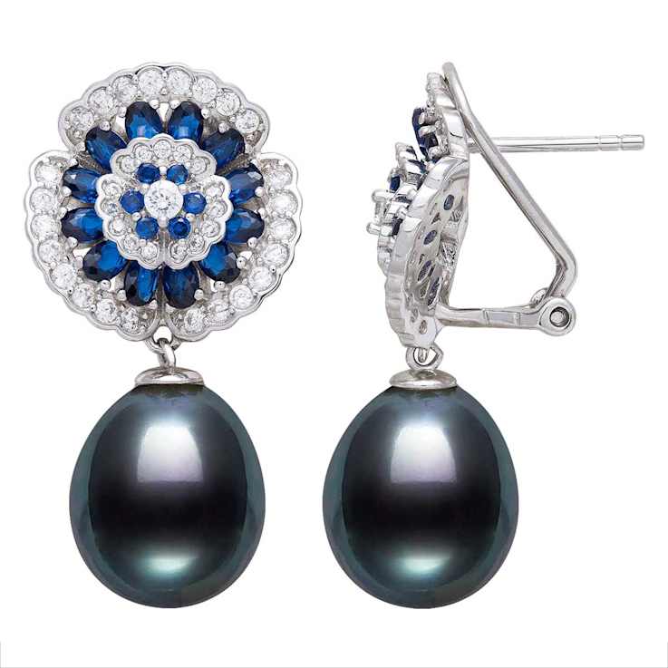 Black Cultured Freshwater Pearl With Cubic Zirconia Rhodium Over
Sterling Silver Earrings