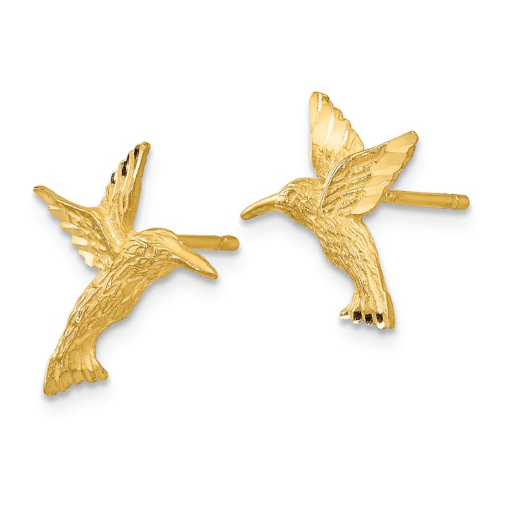 14k Yellow Gold Satin, Textured and Diamond-Cut Hummingbird Stud Earrings