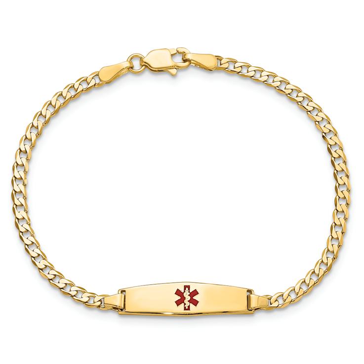 14k Yellow Gold Medical Soft Diamond Shape Red Enamel Curb Link ID Bracelet