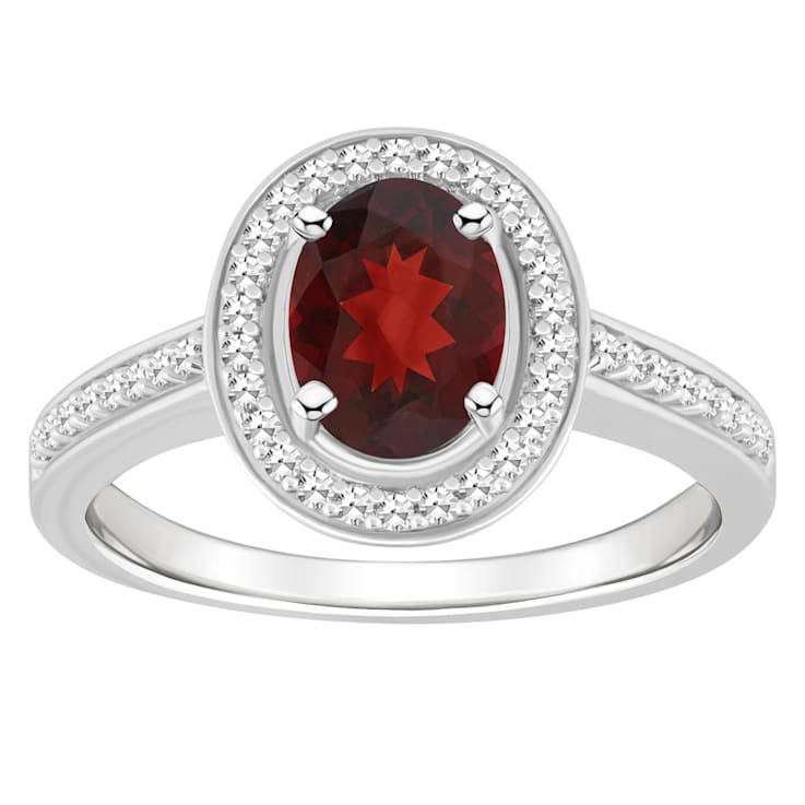 8x6mm Oval Garnet 1/5 ctw Diamond Rhodium Over Sterling Silver Halo Ring