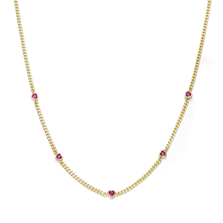 Ruby Color CZ Heart Station Necklace In 14K Gold Over Brass