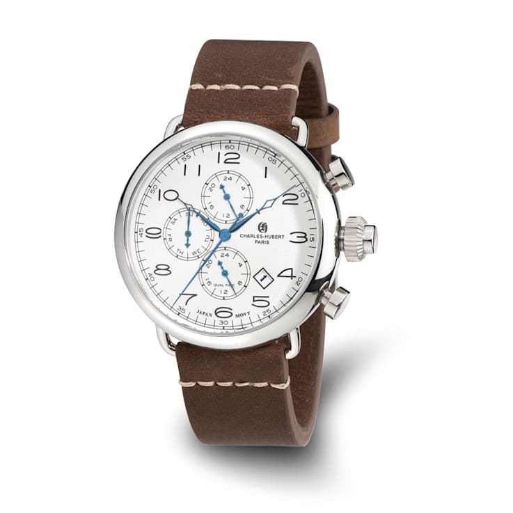 Charles Hubert Men's Stainless Leather Band 46mm Dual Time Watch