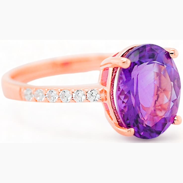 11x9mm Oval Amethyst and White CZ 18K Rose Gold Over Sterling Silver
Ring, 3.11ctw