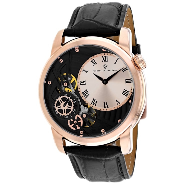 Christian Van Sant Men's Sprocket Auto-Quartz Rose Dial, Black Leather
Strap Watch