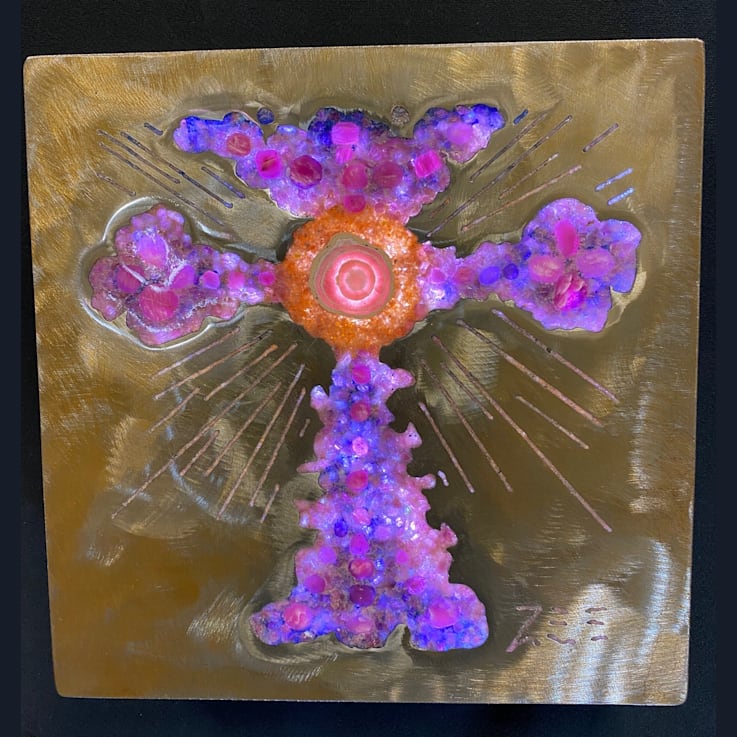 'Purple Cross' - Gemstone Art With Ruby, Azurite, Rhodochrosite, Orange
Calcite, and pink Tourmaline