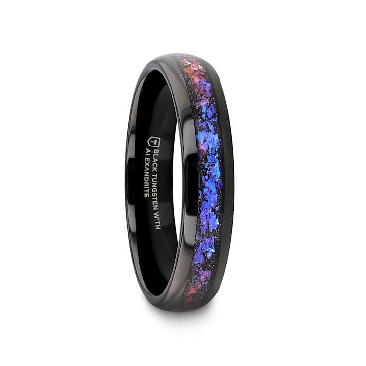 COSMIC Black Tungsten Ring with Crushed Alexandrite and Dark Blue and
Purple Crushed Goldstone 4mm