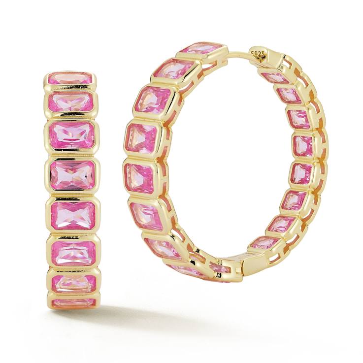Rachel Zoe Pink CZ Bezel Set Inside-Out Eternity Hoops in 14K Gold Over
Sterling Silver