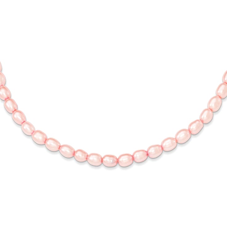 Rhodium Over Sterling Silver 4-5mm Pink Rice FWC Pearl Children's Necklace