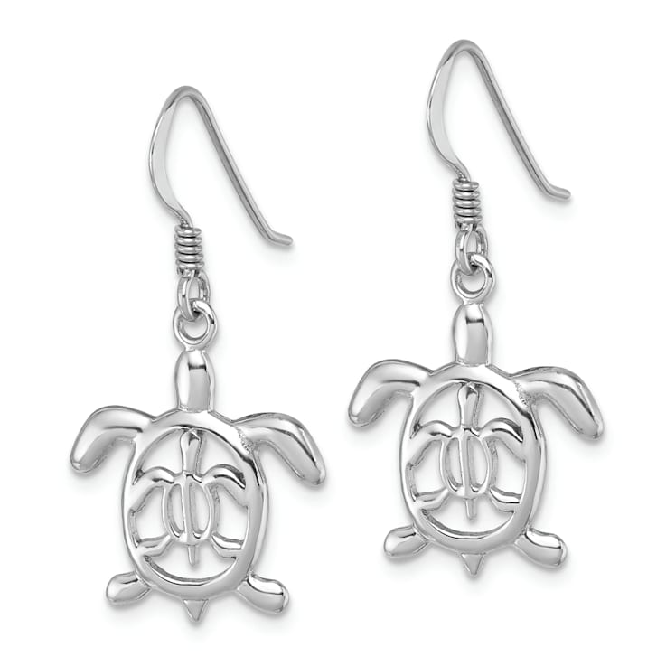 Rhodium Over Sterling Silver Cut Out Mother and Baby Turtle Dangle Earrings