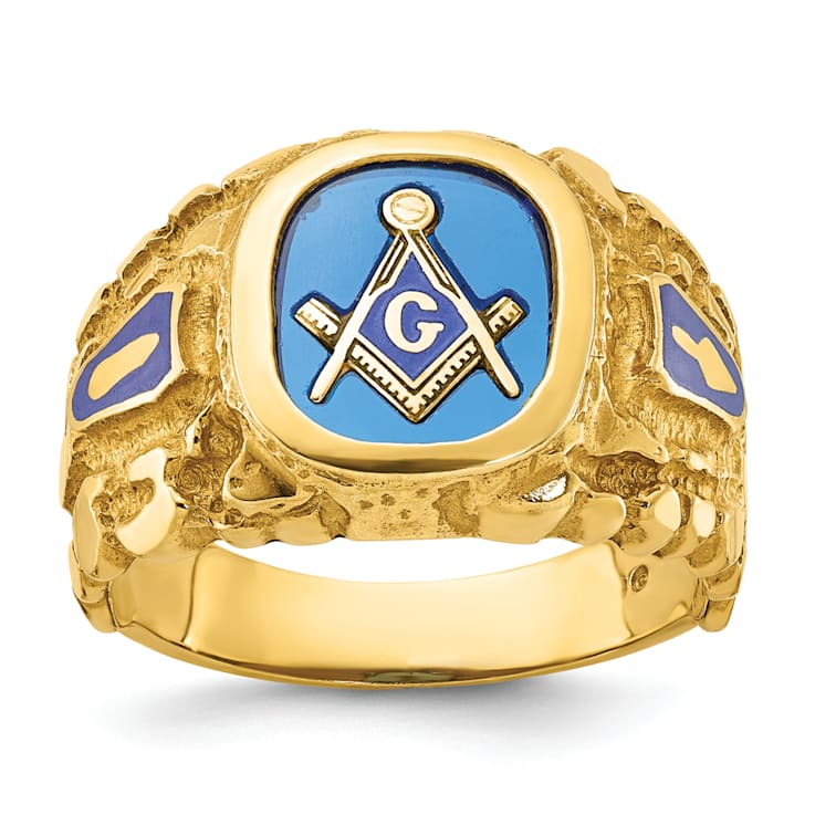 10K Yellow Gold Men's Nugget Texture and Lab Created Sapphire Masonic Ring