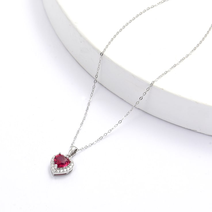 Red Lab Created Ruby With Moissanite Accents Rhodium Over Silver Heart Pendant