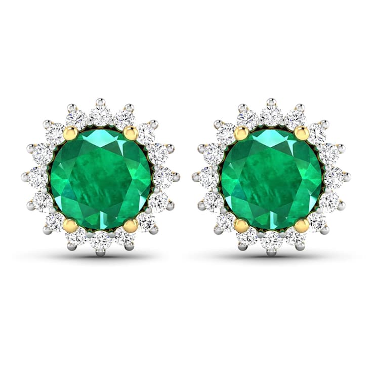 1.36ctw 14K Yellow Gold  Zambian Green Emerald and White Diamond Halo Earrings