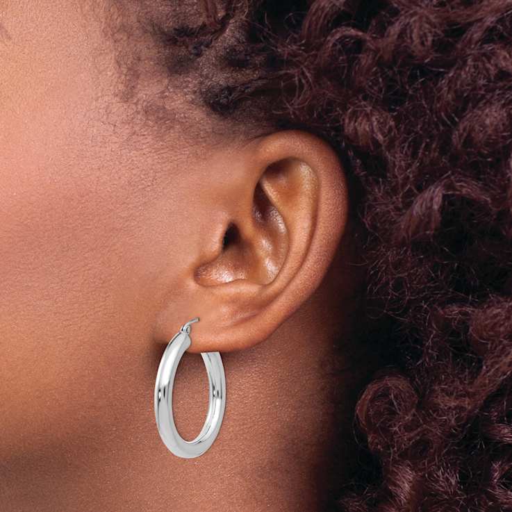 Rhodium Over 14k White Gold 1 3/16" Polished Tube Hoop Earrings