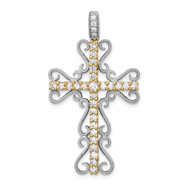 14k Yellow Gold and 14k White Gold Diamond Filigree Cross Pendant