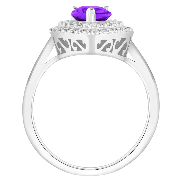 8x5mm Pear Shape Amethyst And White Topaz Accents Rhodium Over Sterling
Silver Double Halo Ring