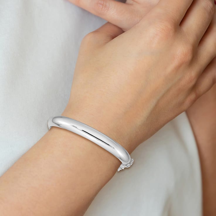 Rhodium Over Sterling Silver 9.00mm Fancy Hinged Bangle Bracelet