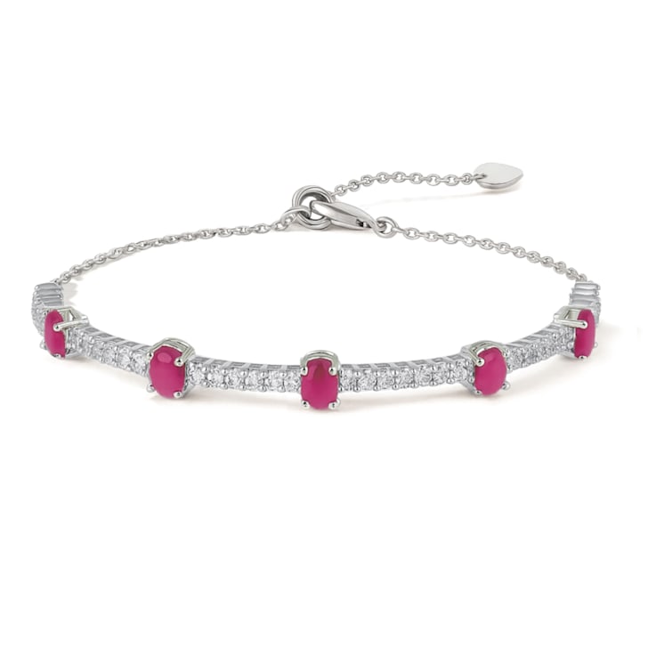 Oval Ruby and White Zircon Sterling Silver Bolo Bracelet
