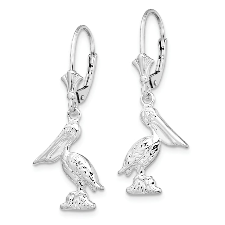 Rhodium Over Sterling Silver Polished 3D Small Pelican Leverback Earrings