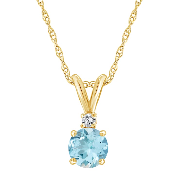 5mm Round Aquamarine with Diamond Accent 14k Yellow Gold Pendant With Chain
