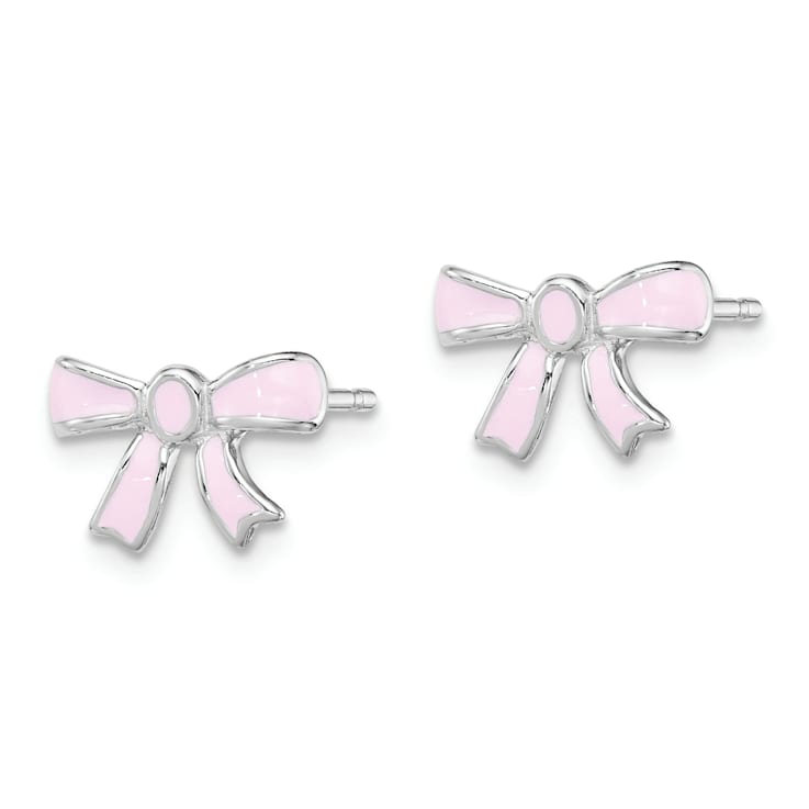 Rhodium Over Sterling Silver Pink Enamel Bow Children's Post Earrings