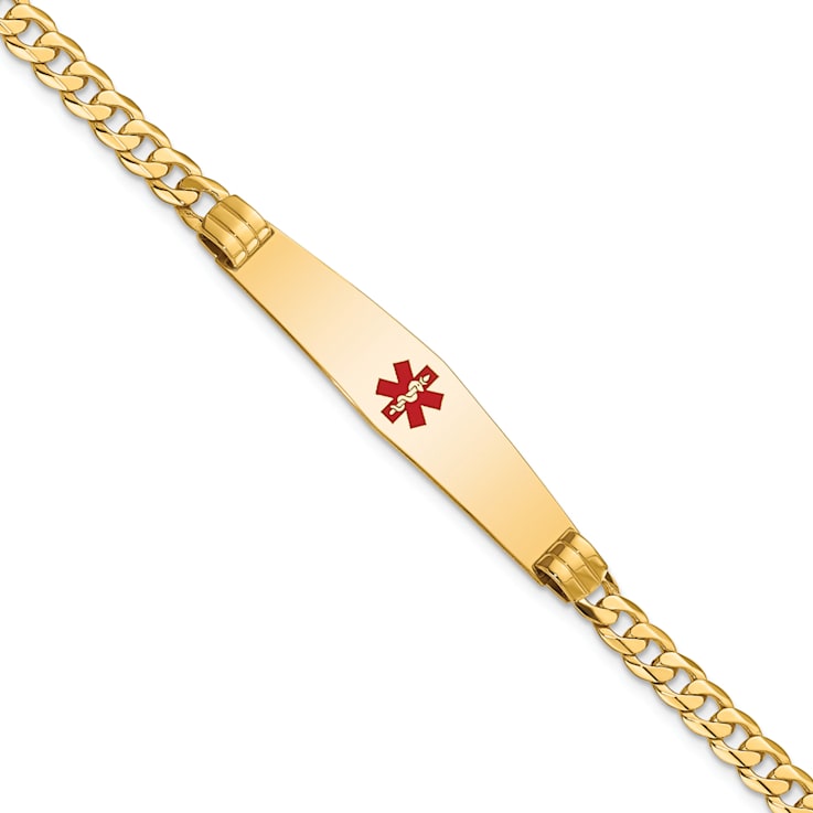 14k Yellow Gold Medical Soft Diamond Shape Red Enamel Curb Link ID Bracelet