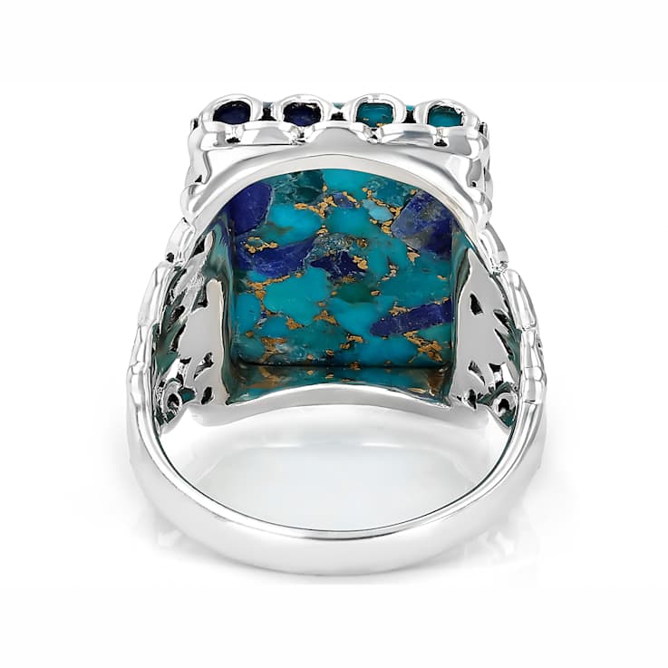 Blended Turquoise And Lapis Lazuli Solitaire Ring In Oxidized Sterling Silver