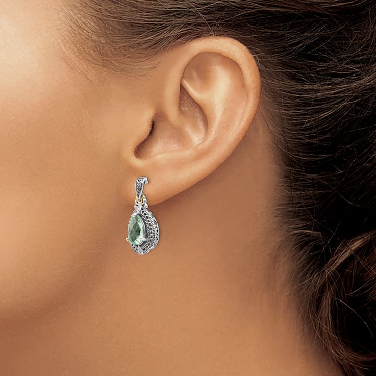 Sterling Silver Antiqued with 14K Accent Diamond and Prasiolite Earrings